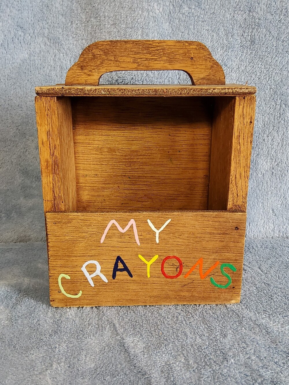 Vintage Hand-Painted Wooden "MY CRAYONS" Storage Caddy Tote Nostalgia Kids Toy